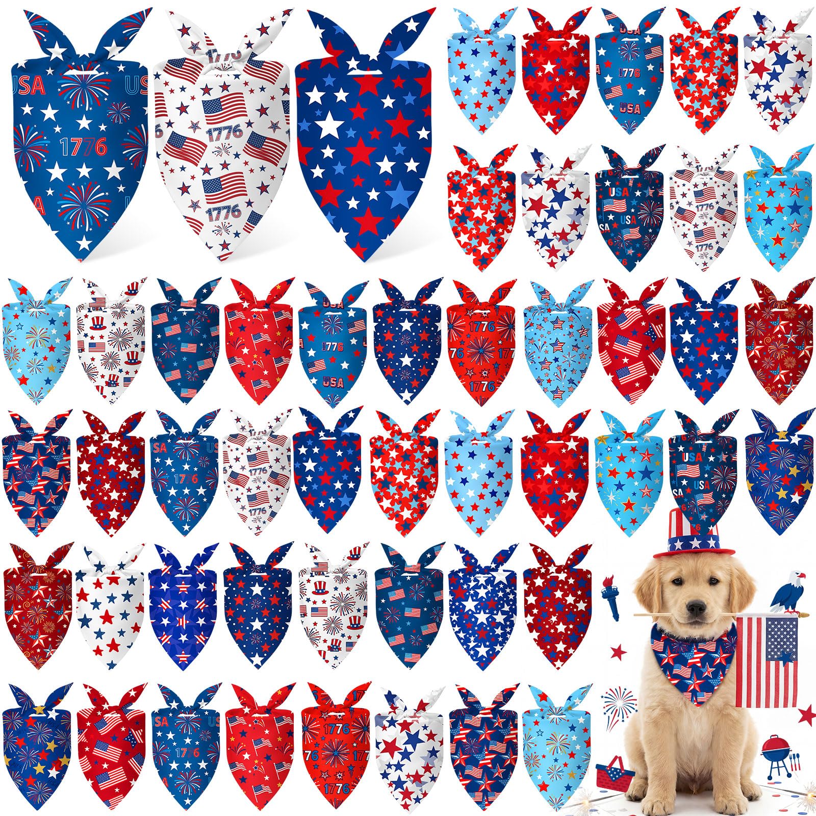 Abbylike 50 Pcs Patriotic Dog Bandanas Bulk Memorial Day Bandanas for Dogs Triangle Kerchief Bib Scarf for Pet July 4th Independence Day 250th Anniversary Party Costume, 25 Styles (25.6 x 17.7 x 17.7)