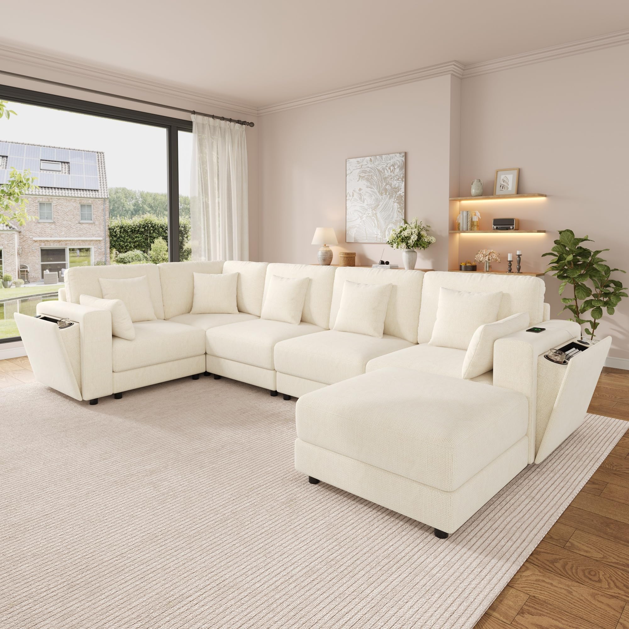 Sofá Modular en Esquina en Forma de L/U, 6 Plazas, Chenilla Gris, con Ottoman, Puertos USB y Tipo C, Portavasos, 215x215x82 cm (Beige + Chenille + 6 Seat)