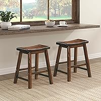 Lexicon Finnian Saddle Solid Wood Stool Set of 2 - 17.5" Distressed Cherry Dining Counter Height Backless Kitchen Stools
