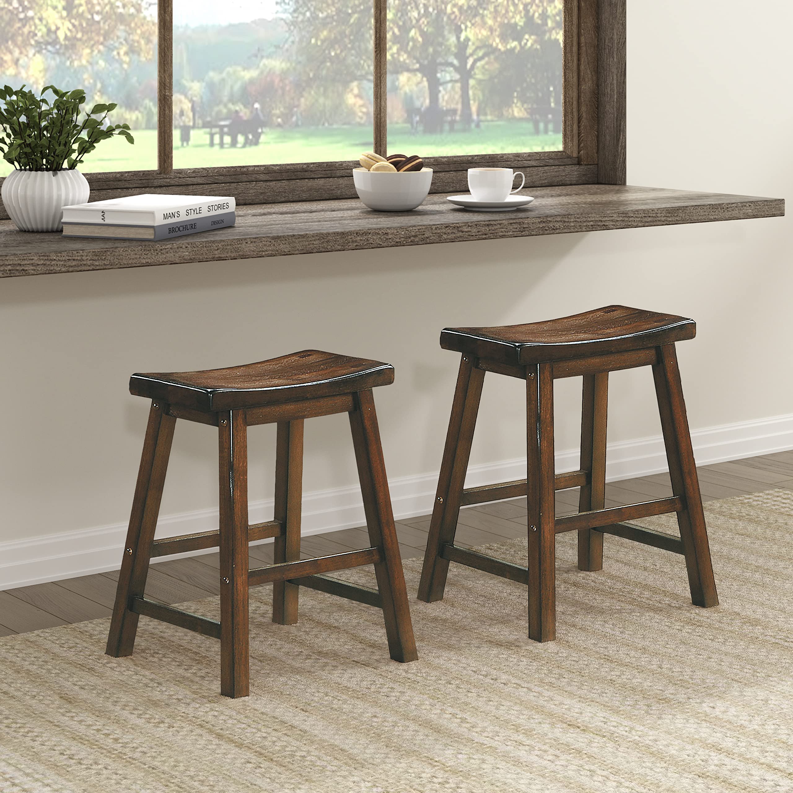 Lexicon Finnian Saddle Wood Dining Stool (Set of 2), 17.5" SH, Distressed Cherry