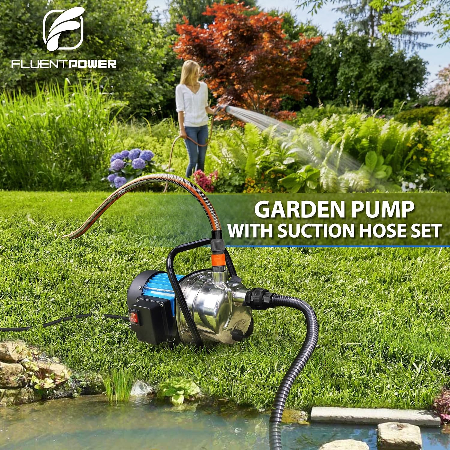FLUENTPOWER 1HP Portable Garden Transfer Pump, 900GPH Electric Sprinkler Booster Pump, Shallow Well Jet Pump for Home Lawn Irrigation and Water Draining, 13 ft Suction Hose Kit included