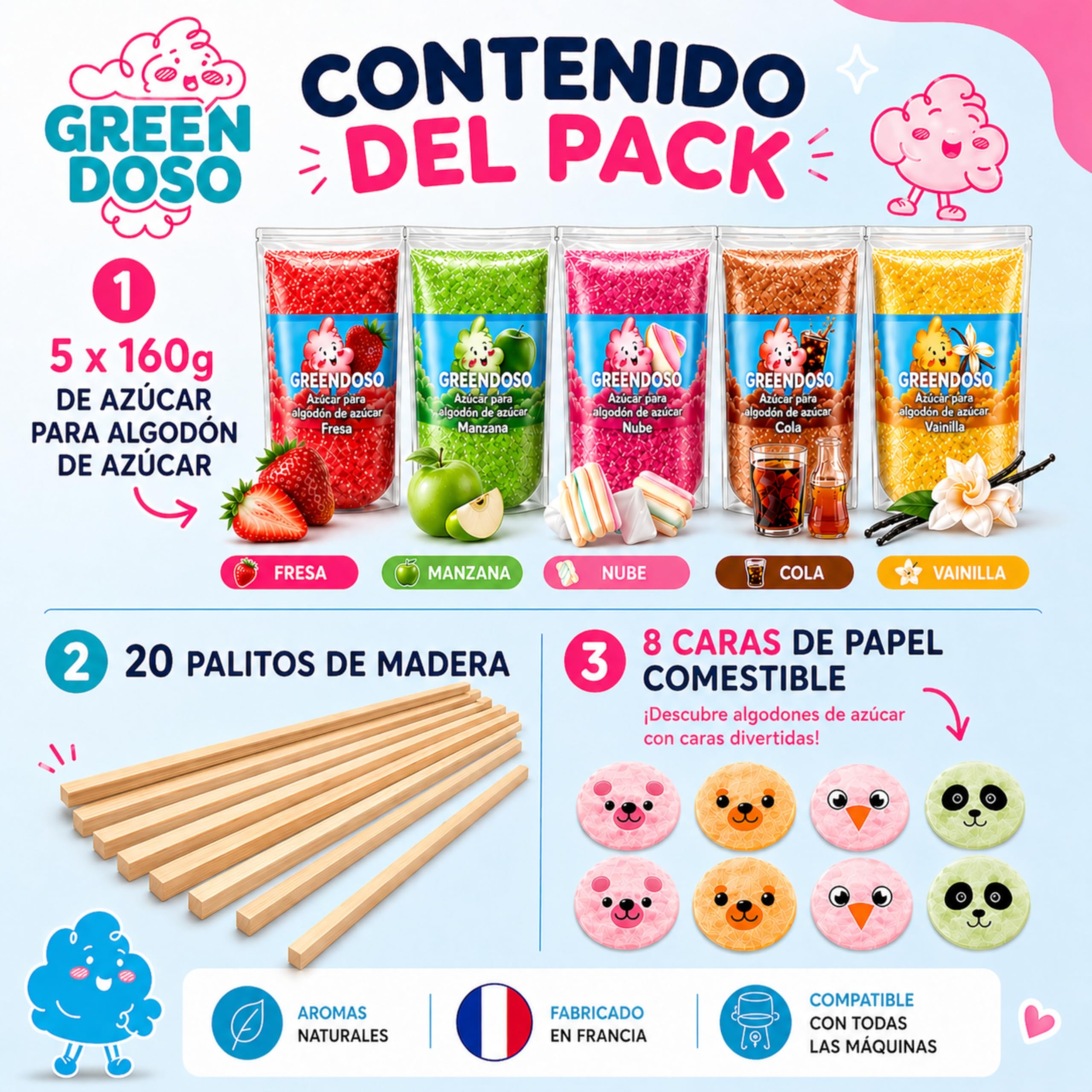 Greendoso Azúcar para Algodón de Azúcar (5x160 g) Fresa Cola Manzana Malvavisco Vainilla Aromas Naturales 20 Palitos 8 Caritas Comestibles