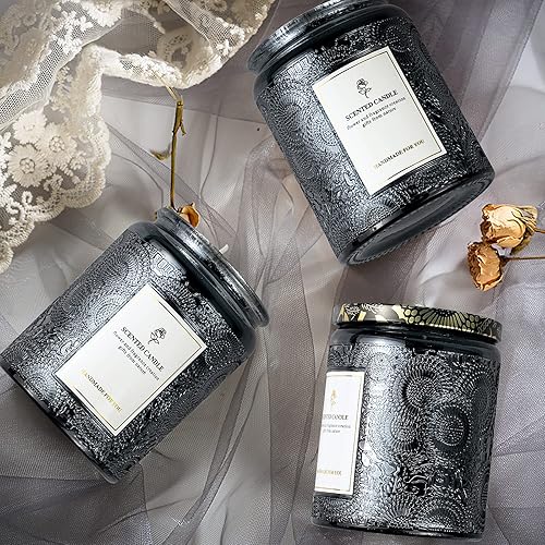 Miniatura 7 de Contenedor de vela de vidrio parpadeante en relieve de 8.8 onzas, paquete de 9 tarros de vela brillante galvanizados con tapa en relieve para hacer