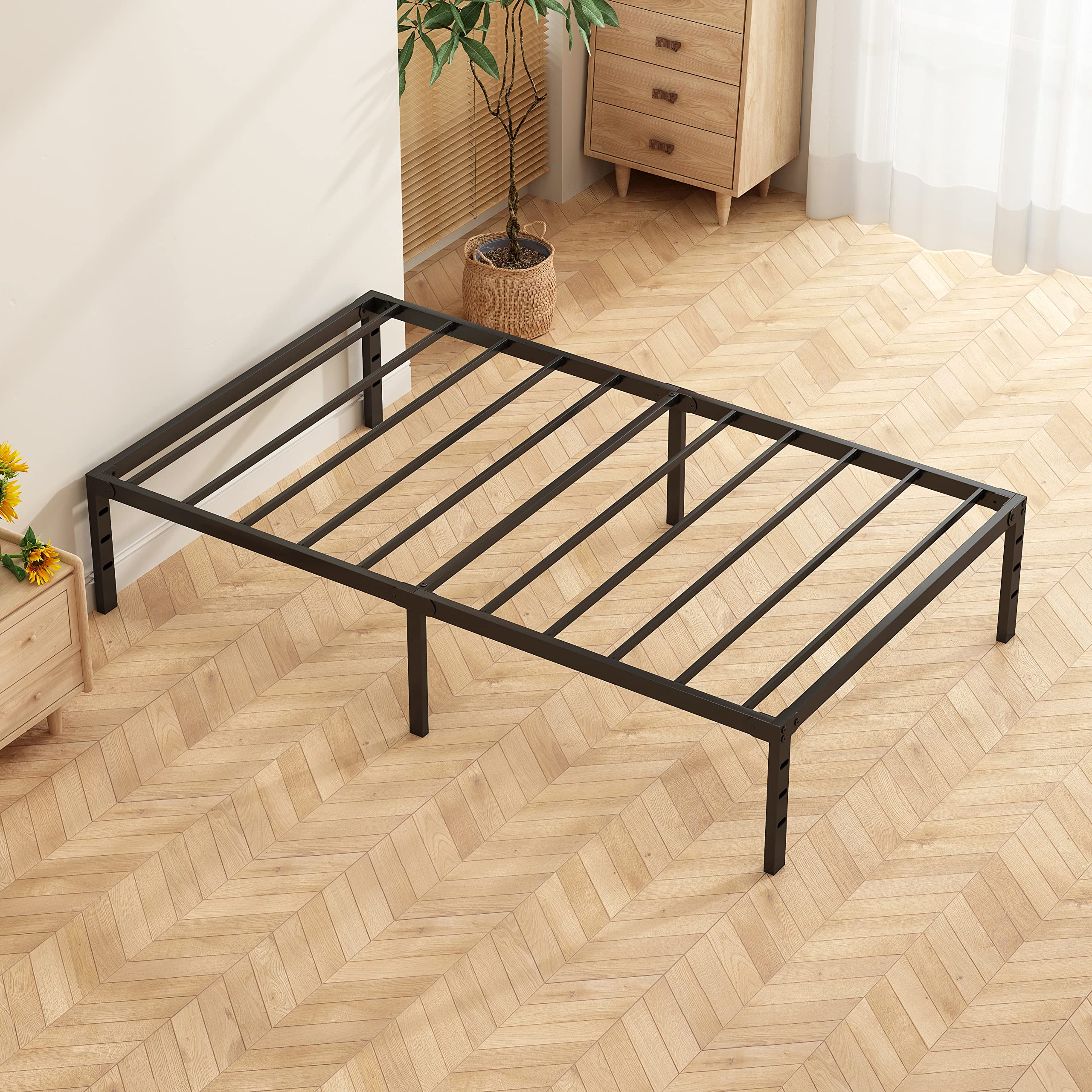 KUJIELAN Black Thickened and Reinforced Metal Bed Frame Structurally Stable 18 Inch Steel Bar