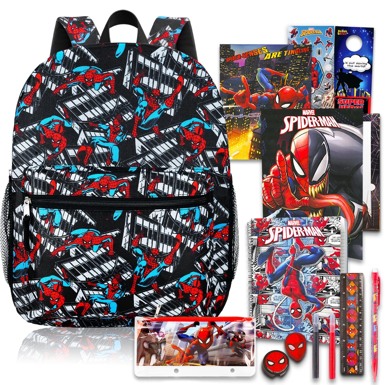 Set di zaini Marvel Spiderman, set da 10 pezzi per la scuola Spiderman con zaino, astuccio e altro (materiale scolastico Marvel Spiderman)