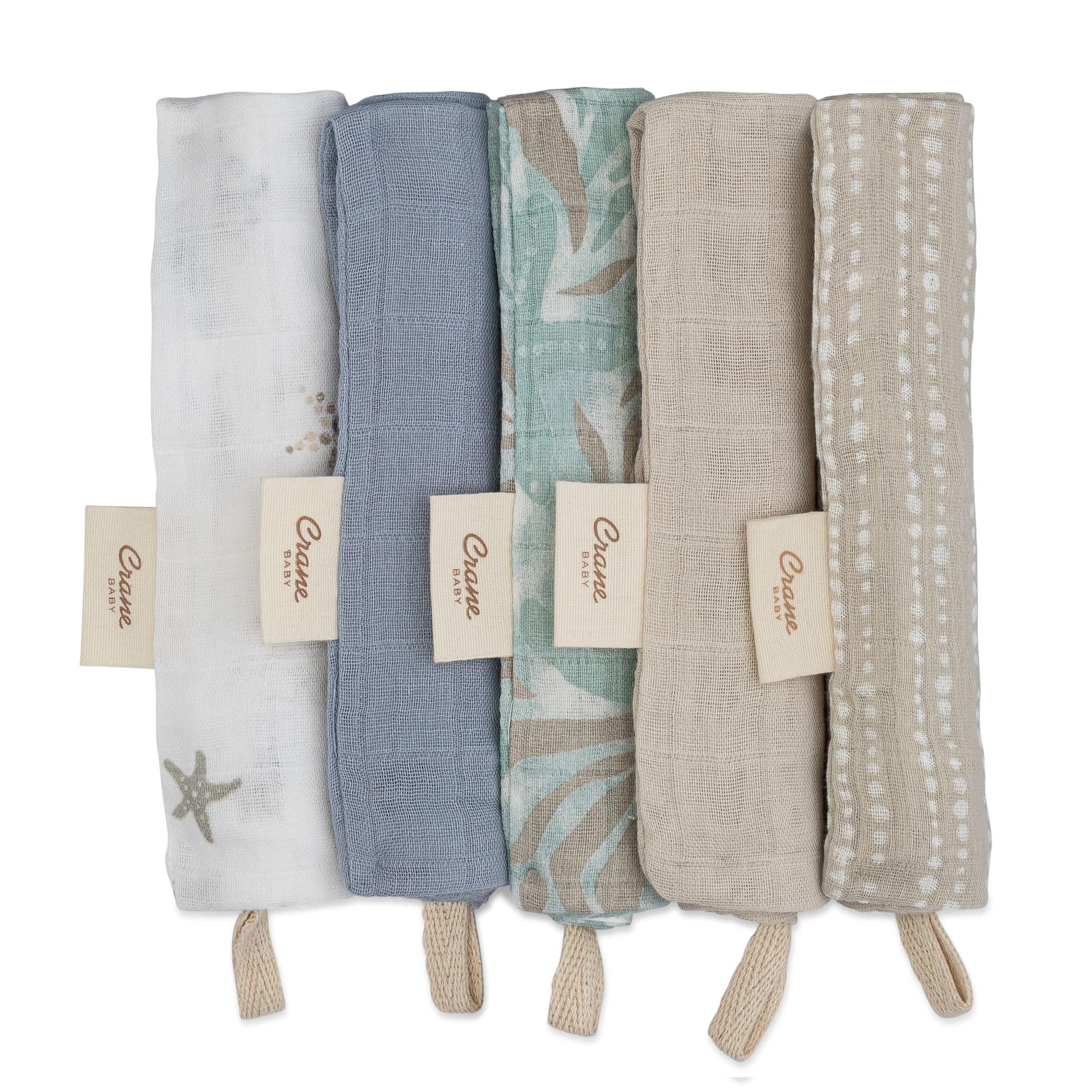 Crane Baby Washcloths Set Of 5 – 100% Cotton Muslin, Sea Life Starfish Theme, Newborn Bath Essentials