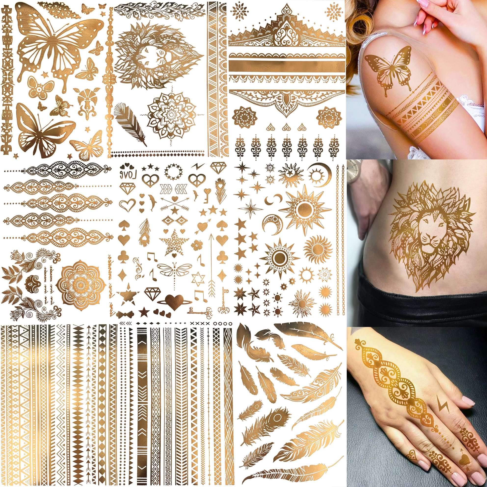 TERRIFI 9 Sheets 110+ Flash Gold Temporary Tattoos, Metallic Designs for Women and Girls, Sun, Moon, Star, Lion, Butterfly Glitter Tattoo Stickers, Realistic and Long-Lasting Fake Tattoos