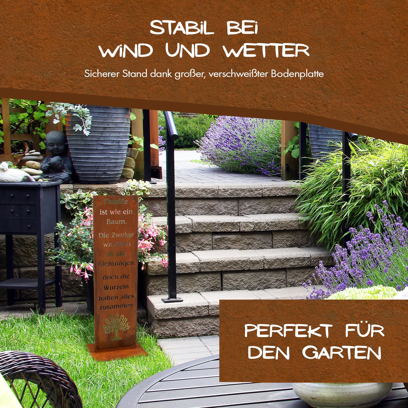 Rostikal Gartenschild Familie 55 cm Edelrost Gartendeko Geschenk wetterfest | Familienspruch mit Lebensbaum aus Cortenstahl - rostige Rostdeko, Landhaus-Stil, Spruchtafel für drinnen und draußen