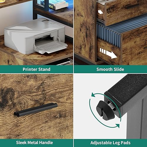 Miniatura 7 de DWVO Escritorio en forma de L con cajones y gabinete, escritorio reversible para computadora con tomas de corriente y luces LED, escritorio de