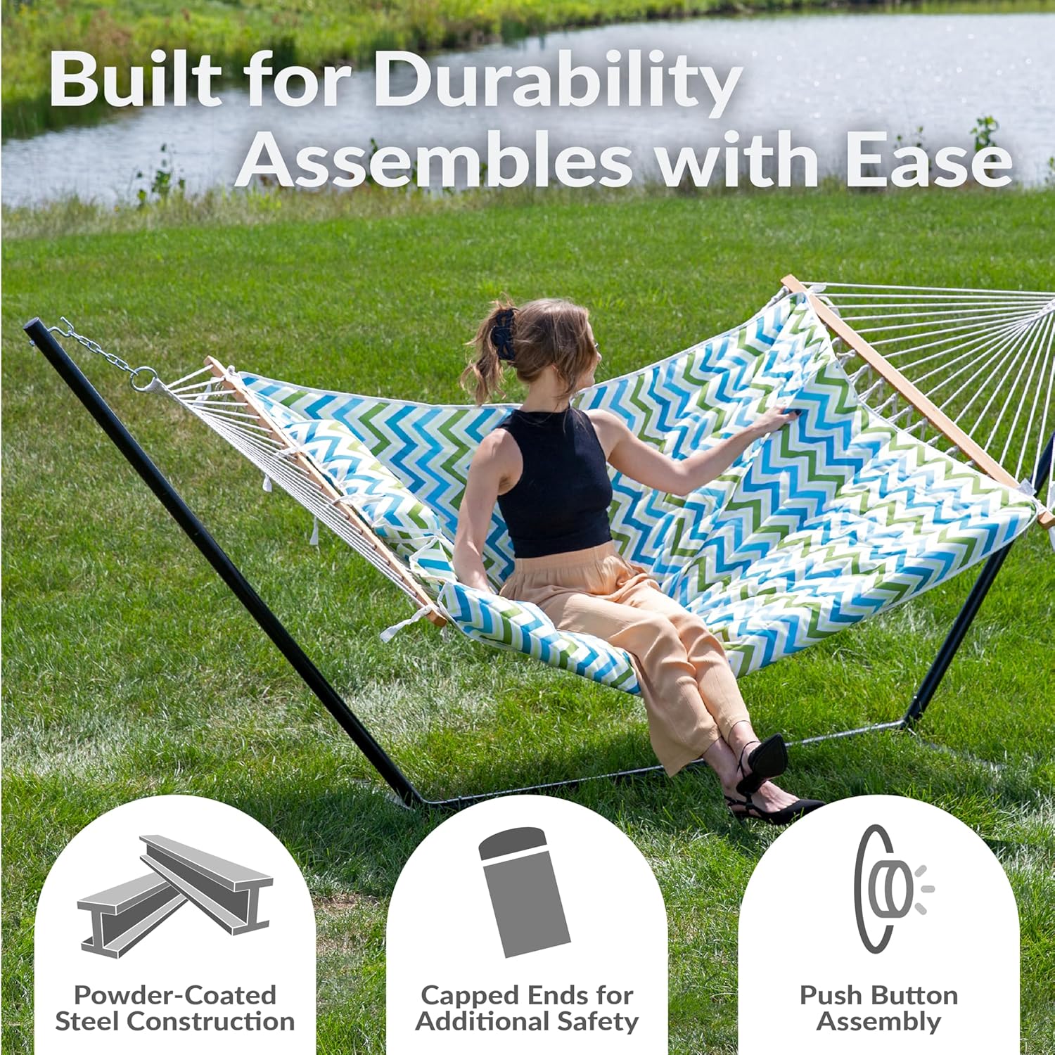 Sunnydaze Rope Hammock with Stand for Outside- 275-Pound Capacity - Includes 12-Foot Hammock Stand, Spreader Bar, Pad, and Pillow - Blue and Green Chevron