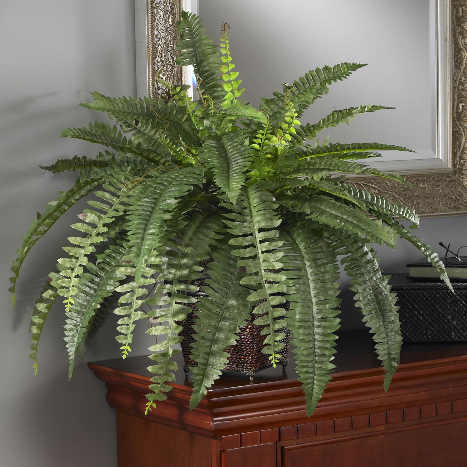 Nearly Natural Boston Fern with Wicker Basket Artificial Plant