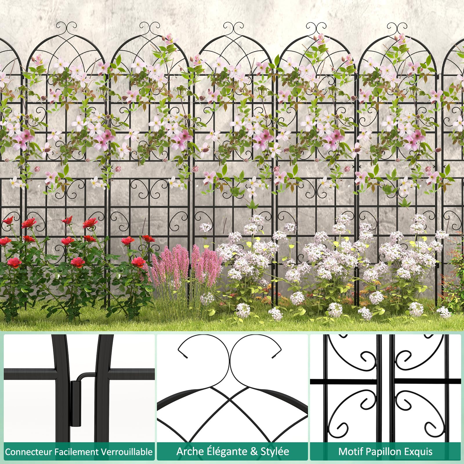 COSTWAY Lot de 2 Treillis de Jardin en Métal 180 x 50 cm, Clôture Décorative pour Plante Grimpante, Grille Fleurs Antirouille pour Jardin, Cour, Patio, Noir
