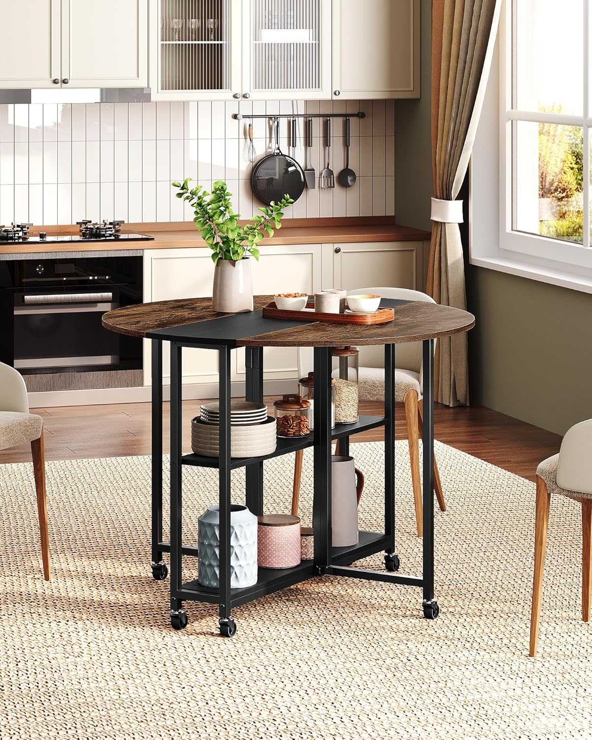 Folding Dining Table, Kitchen Table with 6 Wheels, Folding Round Table with 2-Layer Storage Shelf, Space Saving Dining Table for Small Spaces, Stable, Easy Assembly, Rustic Brown TCZ03BF