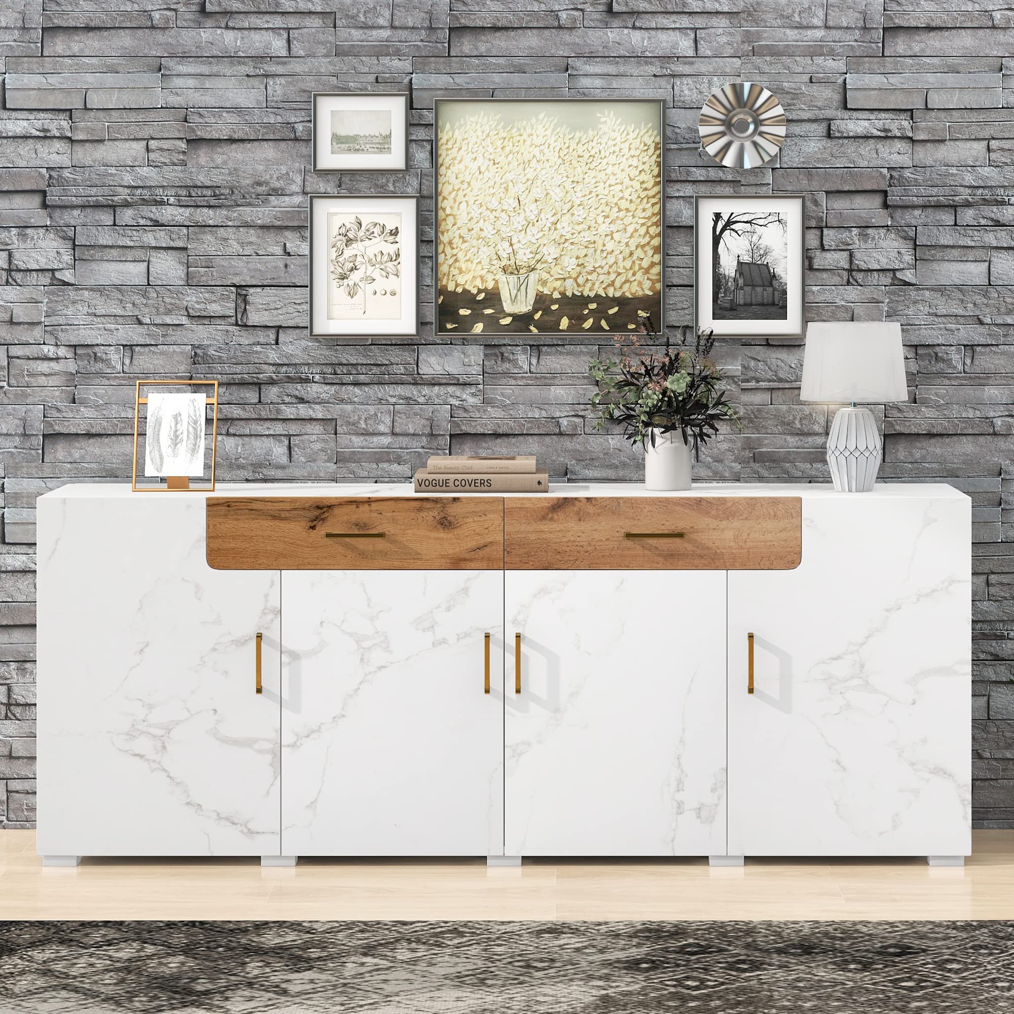 Aparador para Salon, Aparador Cocina Ancho, Buffet Comedor con Puertas con Diseño de Mármol y Cajones, Mueble Armario Cocina de Entrada, Vitrina para Dormitorio y Salón, 208×39,5×80cm (Blanco)