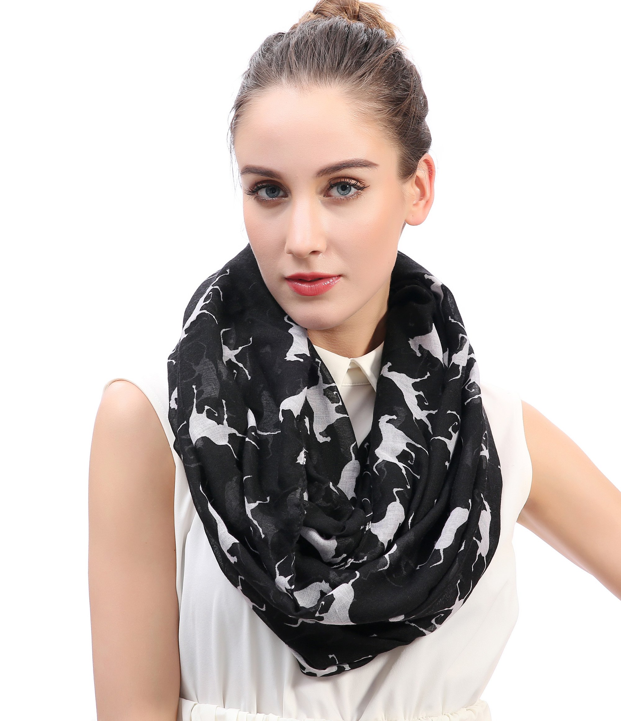 Lina & Lily Women's Black Horse Print Lightweight Snood Infinity Scarf (Black)