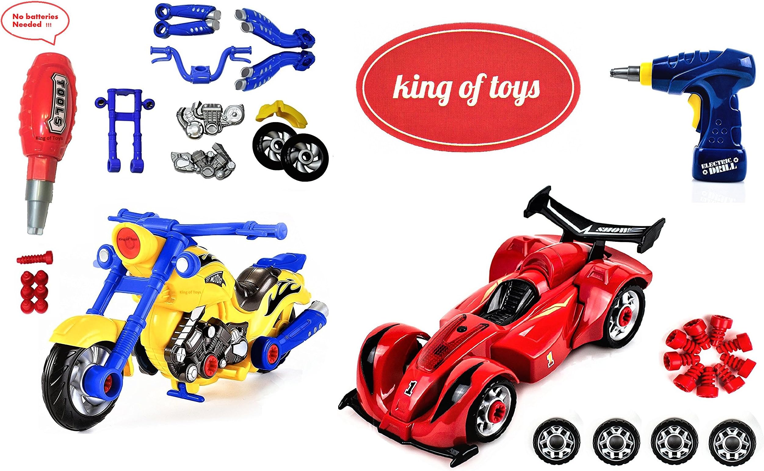 King Of Toys World Racing Motorcycle & car Toy for Kids with 47 Take Apart Pieces, Power Drill, Lights and Sounds, Special KID'S SAFE Storage Bag to protect from losing pieces included