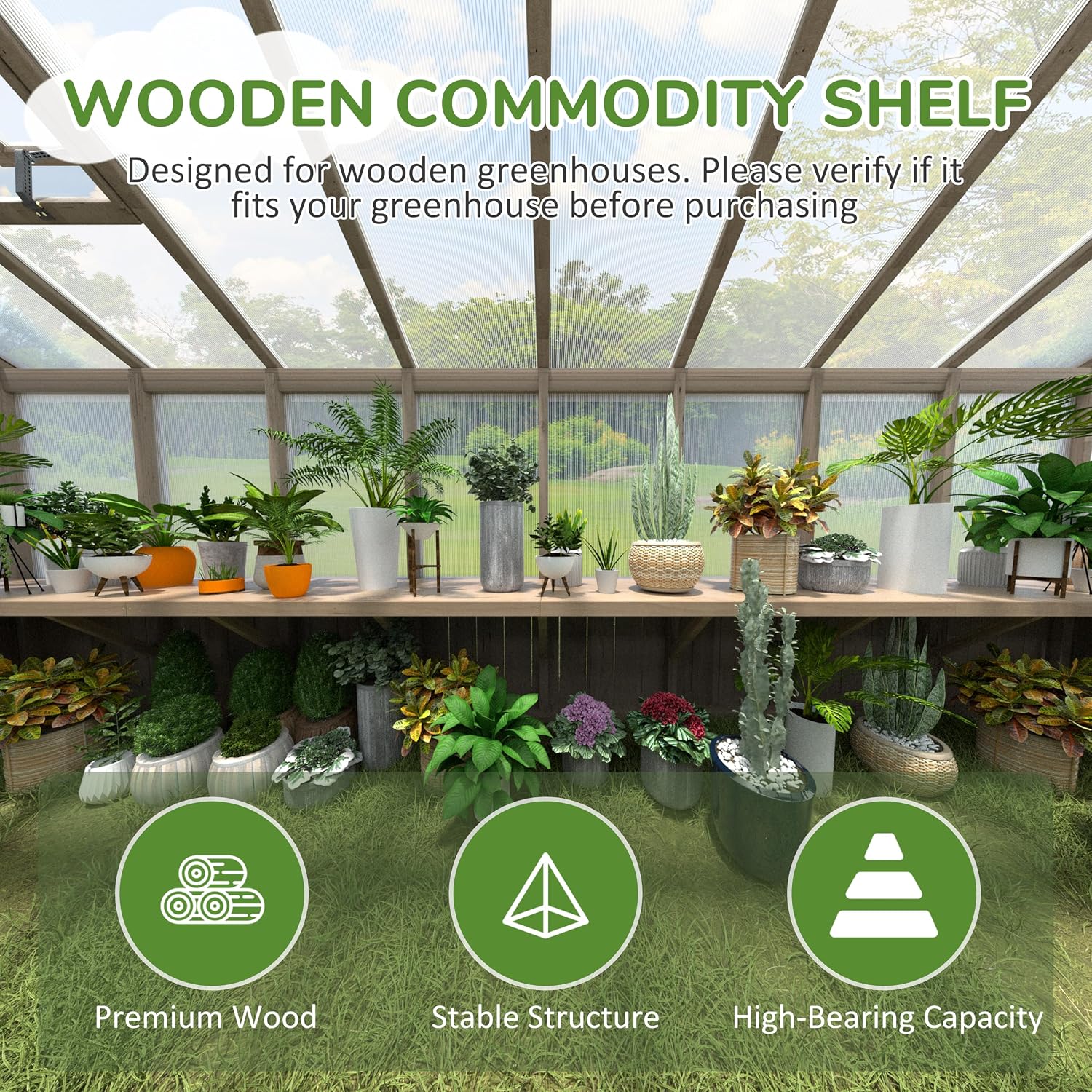 BlueWish 2 Pack Green House Shelves Suitable for 8x16 FT Wood Greenhouse Floating Shelf, Heavy Duty Greenhouse Floating Shelves with 7 Brackets,0.79”Thick Board,Wood Wall Mounted Shelf for Storage