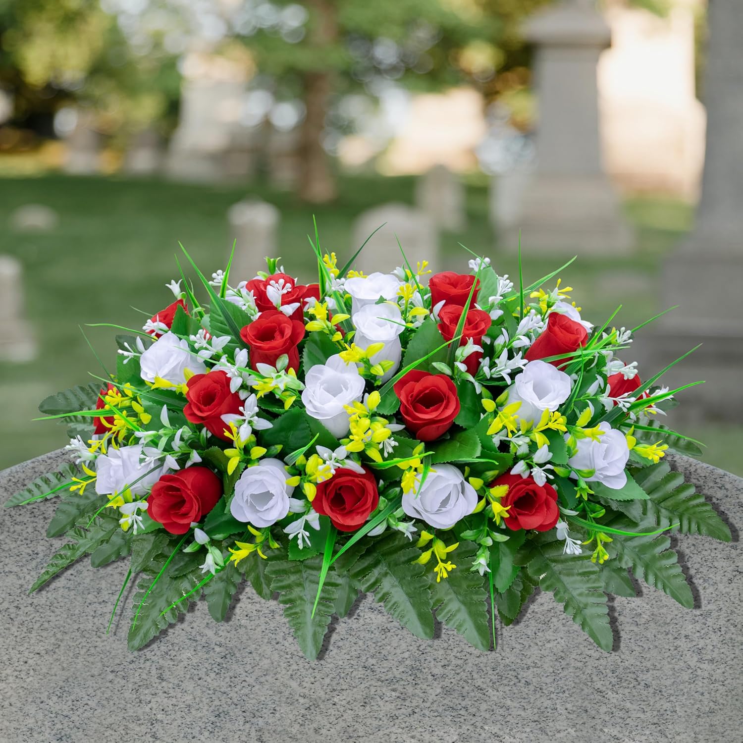 LVXINLI Artificial Cemetery Flowers Saddle-Shaped Tombstone Decorations Non-Fading UV-Resistant （Red and White Saddle