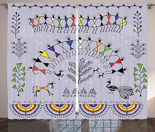 Ambesonne Tribal Curtains, Traditional Tribal Warli Art Design with Dancing Clan Nature Peacock, Living Room Bedroom Window Drapes 2 Panel Set, 108" X 84", Multicolor