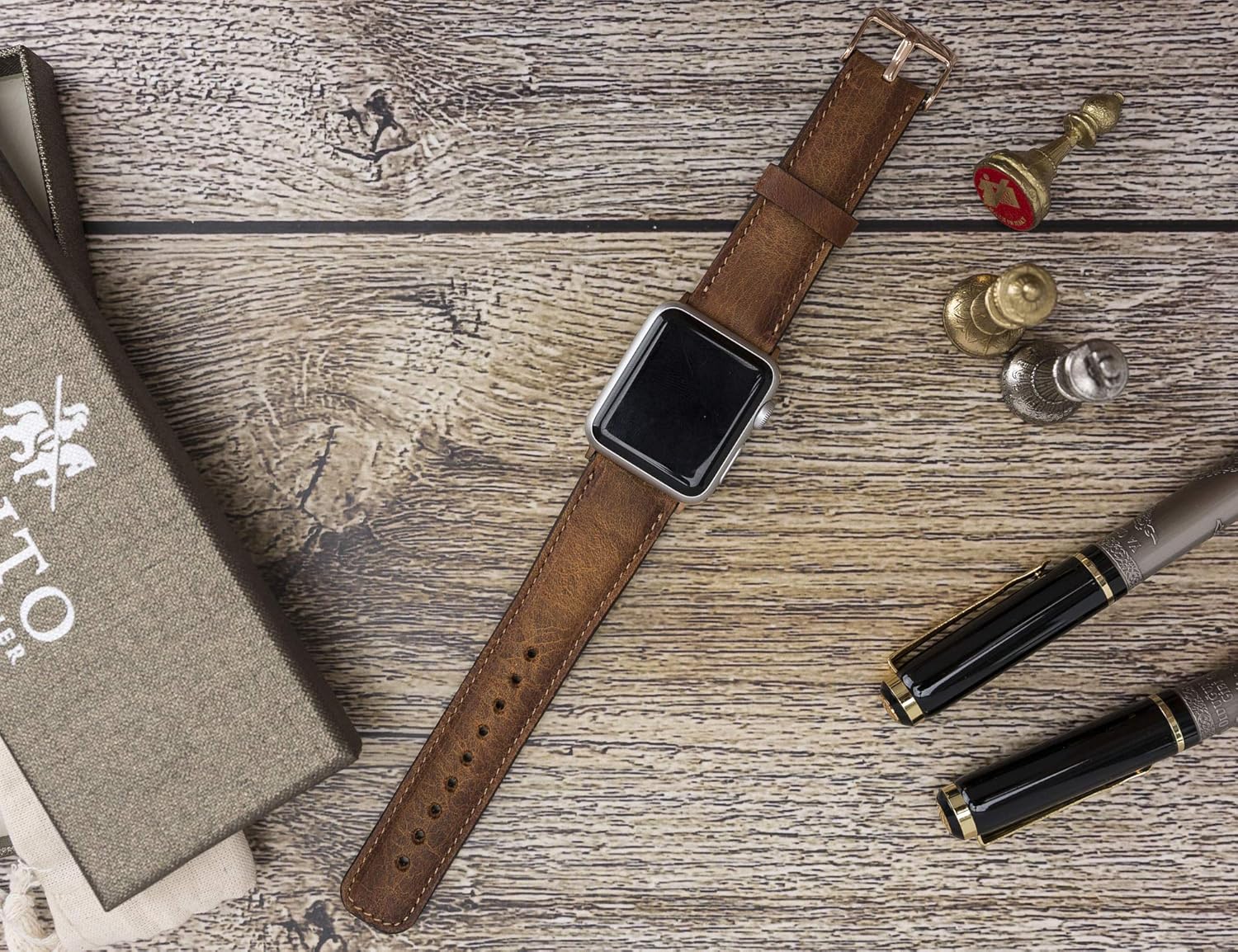 Tuscany Premium Leather Watch Band for Apple Watch Series 11 10 42mm, Series 9 8 7 6 5 4 3 & SE 3/2/1 41mm 40mm 38mm, Handmade, Watch Strap for Women & Men(Antique Brown w/Rose Gold Connector&Clasp) - Image 2