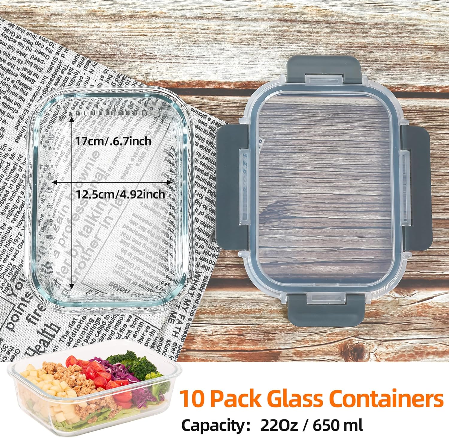 Glass Food Storage Containers 10 Pack - 22Oz Meal Prep Container Set with Lid, Airtight Snap Lock, Microwave Freezer Oven Dishwasher Safe, Lunch Box for Work, Grey