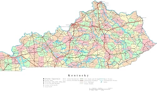 Home Comforts Mapa - Póster laminado de imágenes vívidas de Kentucky con mapa político imprimible, póster laminado de 20 x 30 pulgadas con colores