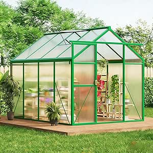 GarveeHome 6X8 FT Greenhouse for Outdoors, Walk-in Greenhouse Kit with Aluminum Frame, Polycarbonate Panels, Adjustable Roof Vent, Sliding Door, Secure Lock for Outside Garden, Patio, Backyard