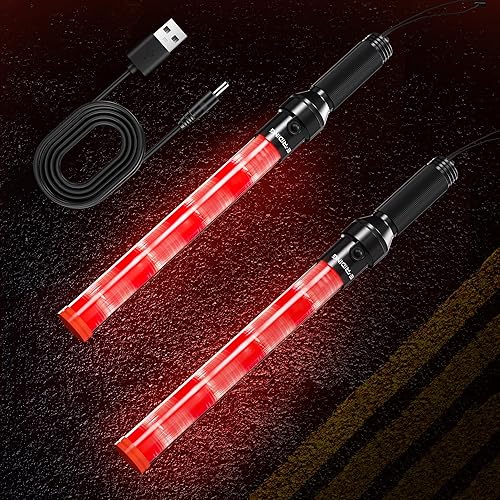 Paquete de 2 Varitas de Tráfico Recargables de 16 Pulgadas, Bastón Rojo de Control de Tráfico con 2 Modos Intermitentes, Varita de Luz LED de