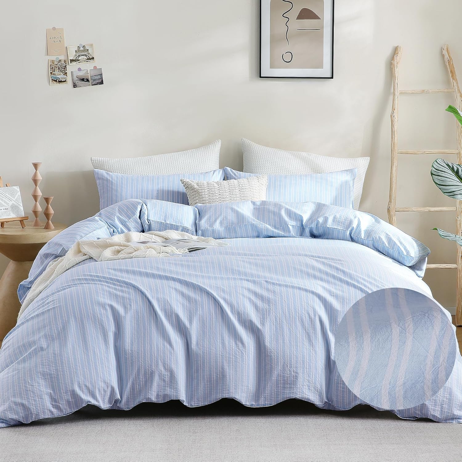 ATsense 100% Washed Cotton Duvet Cover Queen - Blue Striped Bedding Set 3PCS, Super Soft Breathable Like Linen, Farmhouse Modern Decor with Zipper Closure & 8 Ties