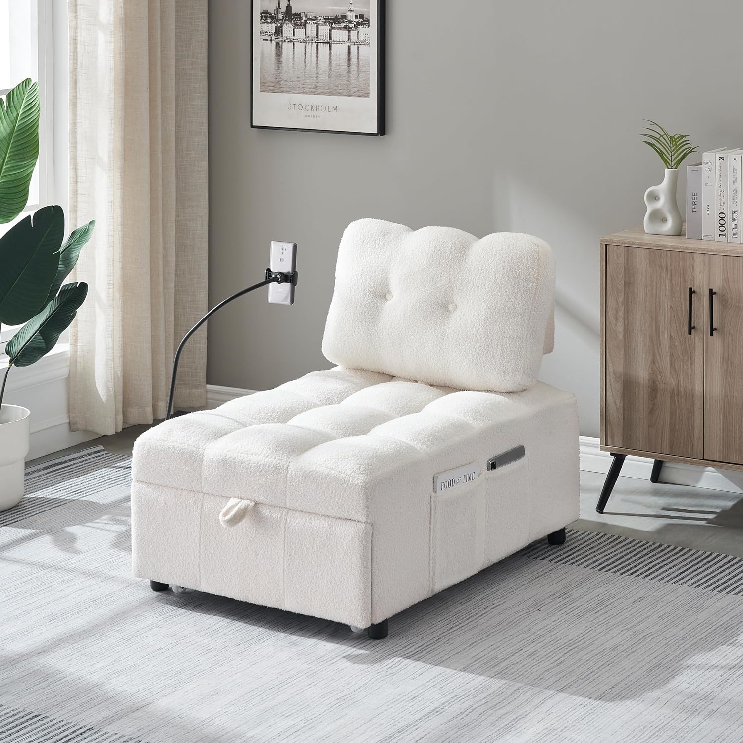 4 in 1 Novel Teddy Single Sofa with Pull-out Bed, 40" Elegant Comfort Chaise with Adjustable Backrest, Stunning Recliner Couch with Phone Holder & Side Pockets for Beauty Salon Recreation Room, Beige image 4 of 8 B0FJXD4MDQ