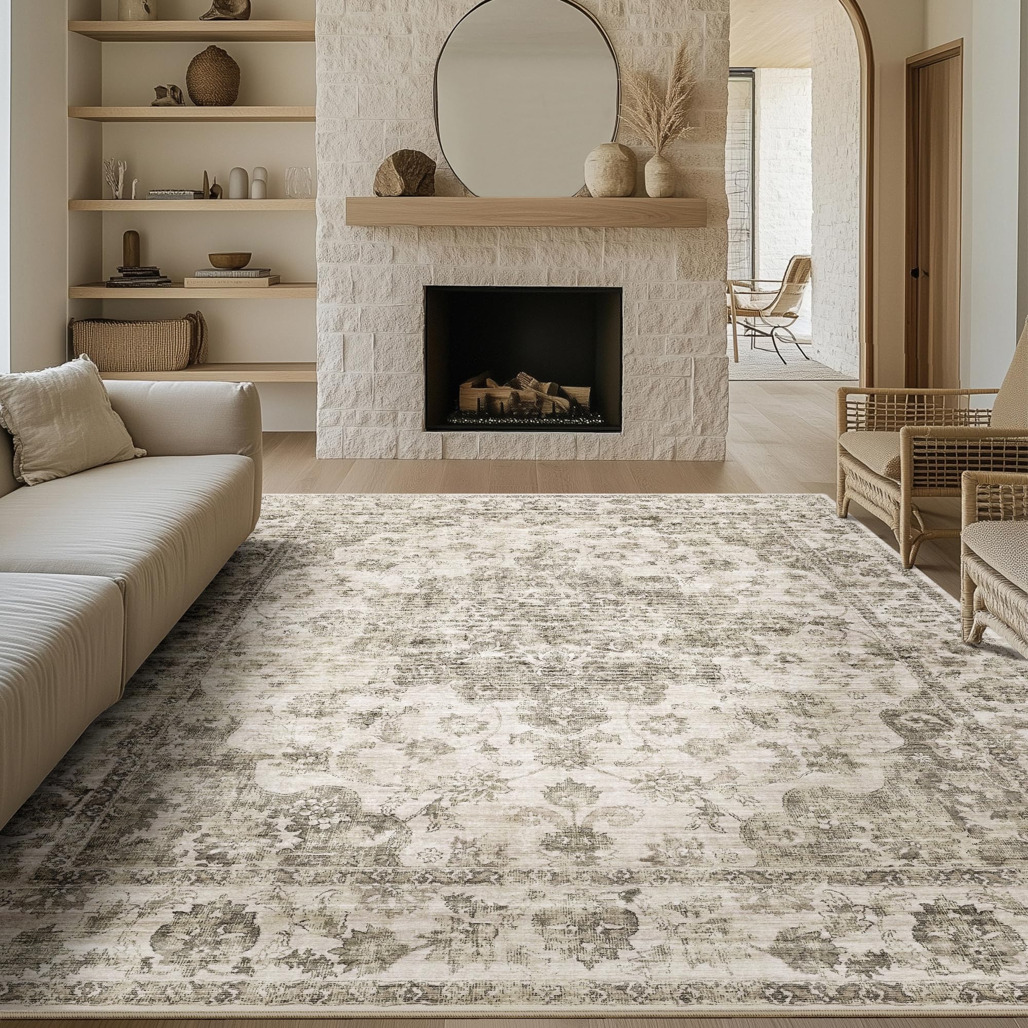 wondrg 8x10 washable neutral area rug taupe floral living room bedroom large carpet non-slip low pile vintage retro soft thin throw rug for dining room office kitchen indoor nursery