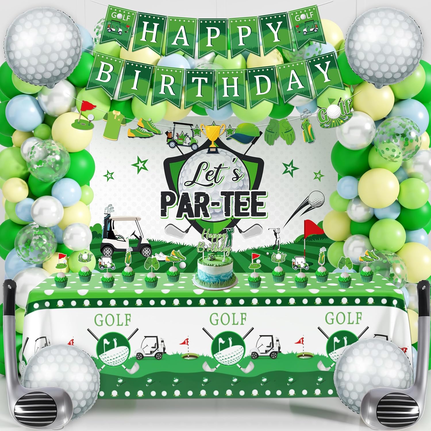 Golf Birthday Party Decorations Set – Happy Birthday Banner, Golf Balloon Arch Kit, Let’s Par-Tee Backdrop, Tablecloth, Cake Toppers – Sports Themed Party Supplies