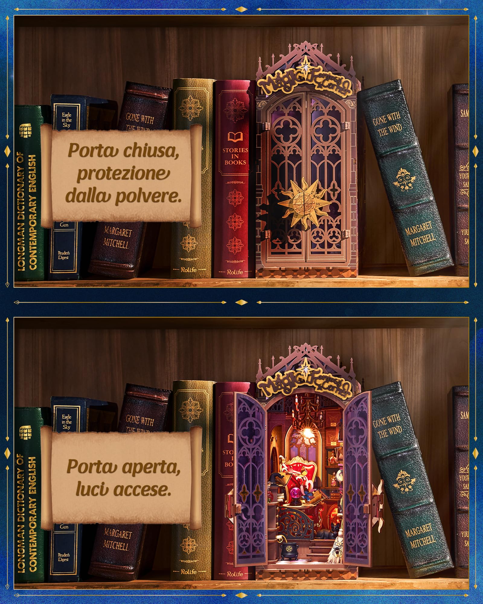 Rolife Book Nook Puzzle 3D Magic Fantasy Corner, DIY Miniature House con Luci e Porta Chiudibile, Kit Diorama Booknook per Libreria d'Angolo, Regalo di Natale & Compleanno Unico per Adulti