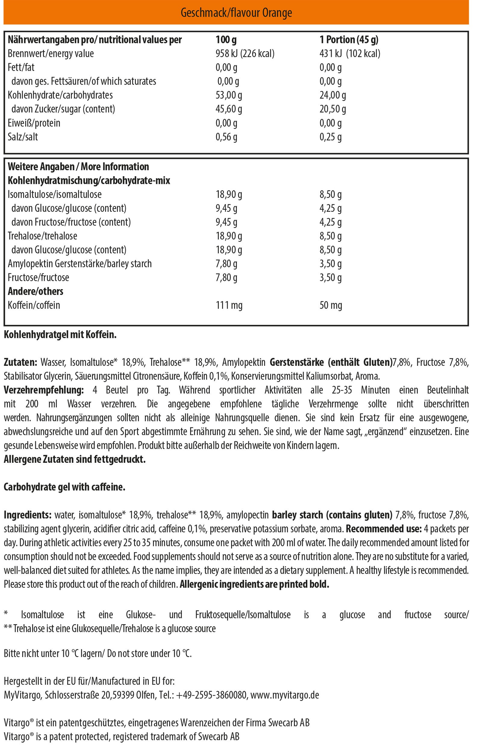 Vitargo Gel Box mit Koffein (24 Einzeltüten pro Box a 45g) Orange