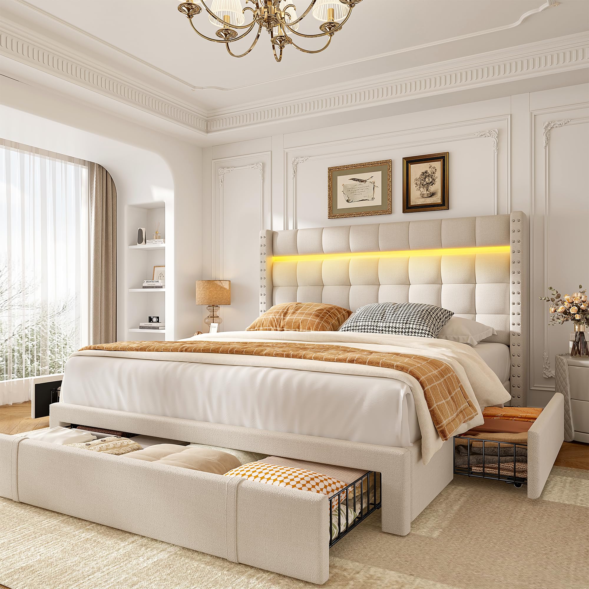 EnHomee Full Bed Frame with 3 Storage Drawers Upholstered Bed Frame Full Size with LED Sturdy Full Size Bed Frame with Adjustable Headboard No Box