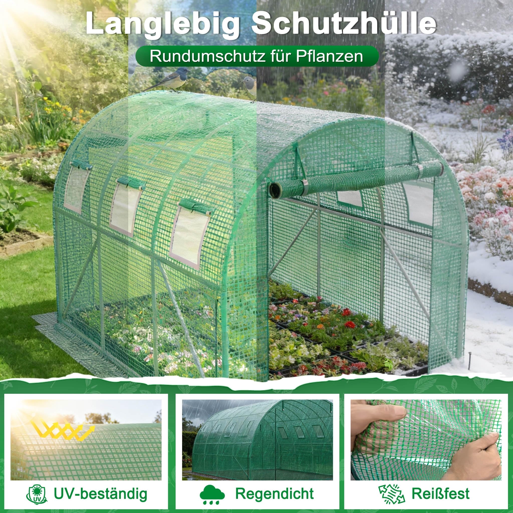 Aufun Gewächshaus 200x300x200 cm Foliengewächshaus Winterfest, Tomatenhaus mit 6 Fenstern & Tür, 140g/m² PE-Folie, Folientunnel mit verzinktem Stahlrahmen,Treibhaus für Garten, Balkon & Anzucht