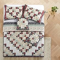 Vista 5 de L'IRISDOM Juego de edredón de retazos, tamaño King, 100 % algodón, colcha reversible roja con 2 fundas de almohada