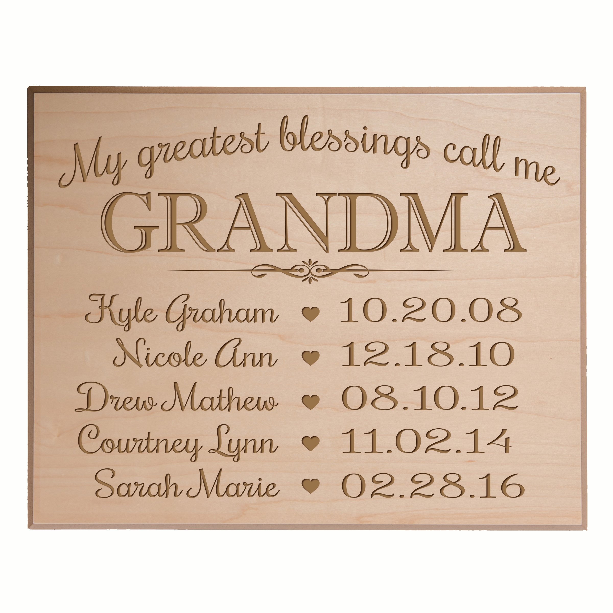 LifeSong Milestones Great Grandma Gifts Birthday Ideas with Children's Names Personalized Birth Date Special Dates to Remember My Greatest Blessings Call me Grandma (12x15, Maple -Veneer)