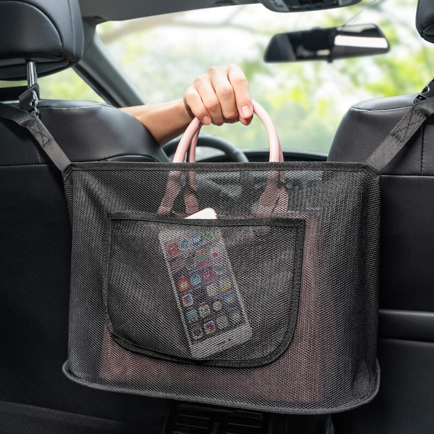 MENZOKE Car Net Pocket Handbag Holder Between Seats, Net Handbag Purse Holder for Car, Mesh Large Capacity Seat Back Storage Organizer Netting Pouch Pocket for Purse Phone, Fits Most Vehicles, Black