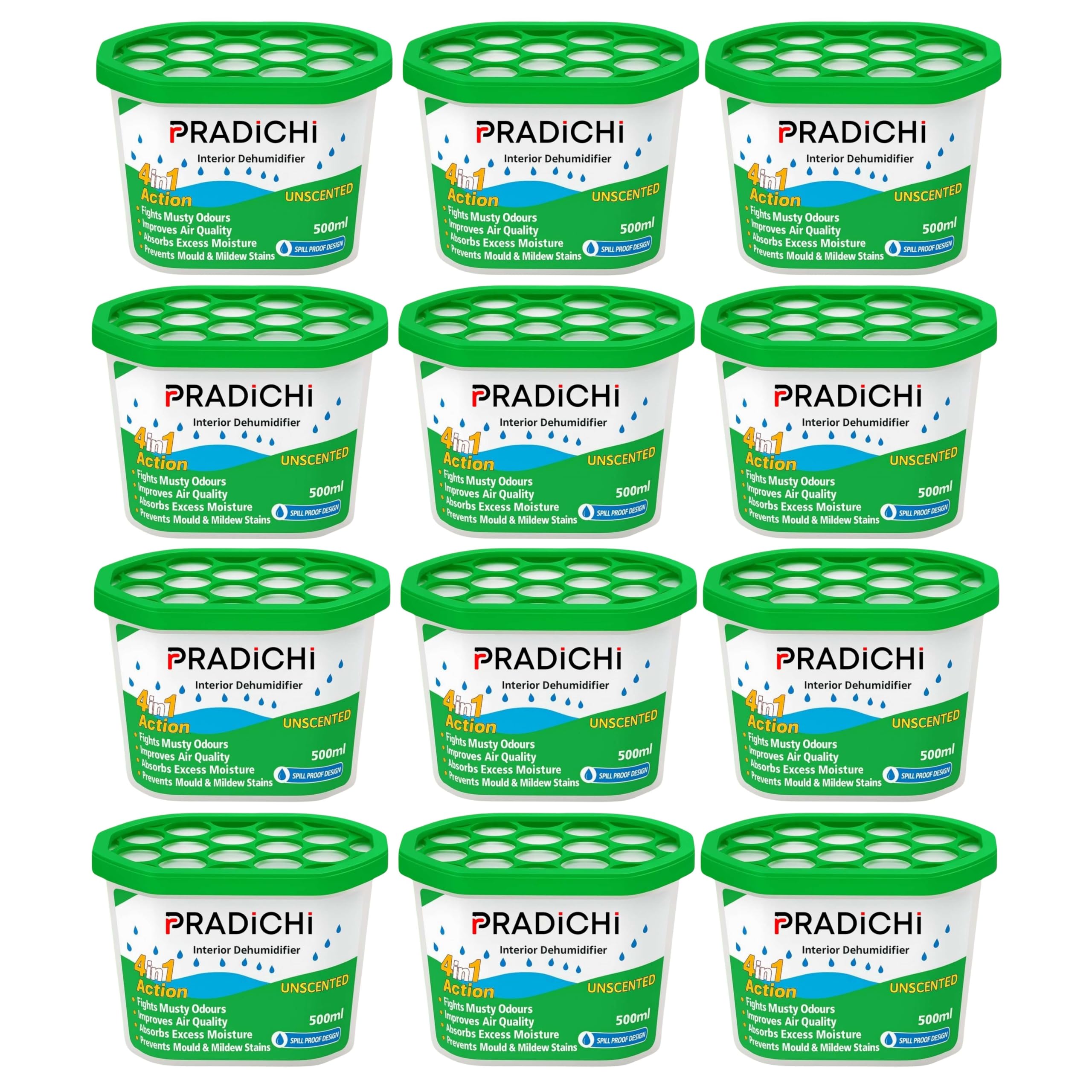 PRADICHI 12-Pack 500ml Interior Dehumidifiers – Moisture Absorber for Damp, Mildew, Mold & Condensation in Home, Kitchen, Bedroom, Wardrobe, Bathroom, Garage, Caravan, Basement