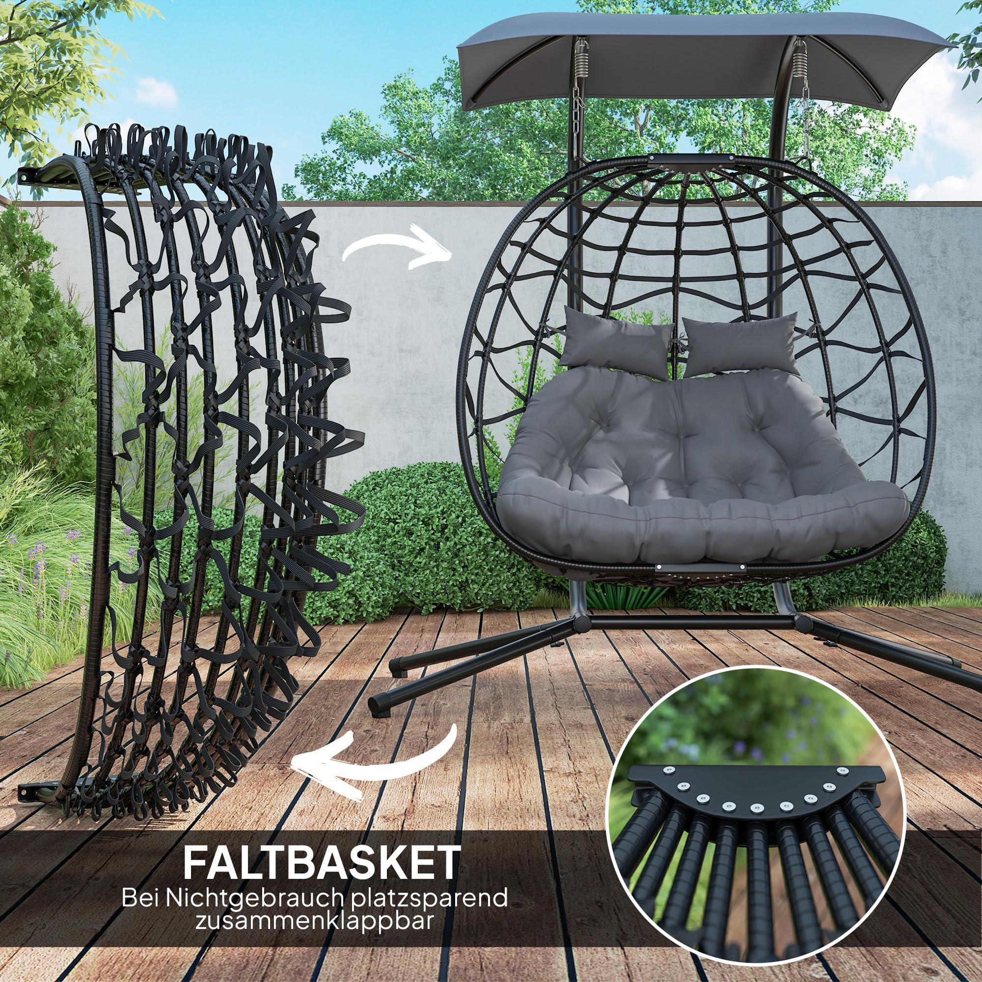 Outsunny Hängesessel mit Gestell faltbar für 2 Personen 260kg Dunkelgrau | Hängekorb mit Kissen, Sonnenschutzdach, Polyrattan Hängestuhl, Outdoor Hängeschaukel, Sessel für Balkon Terrasse