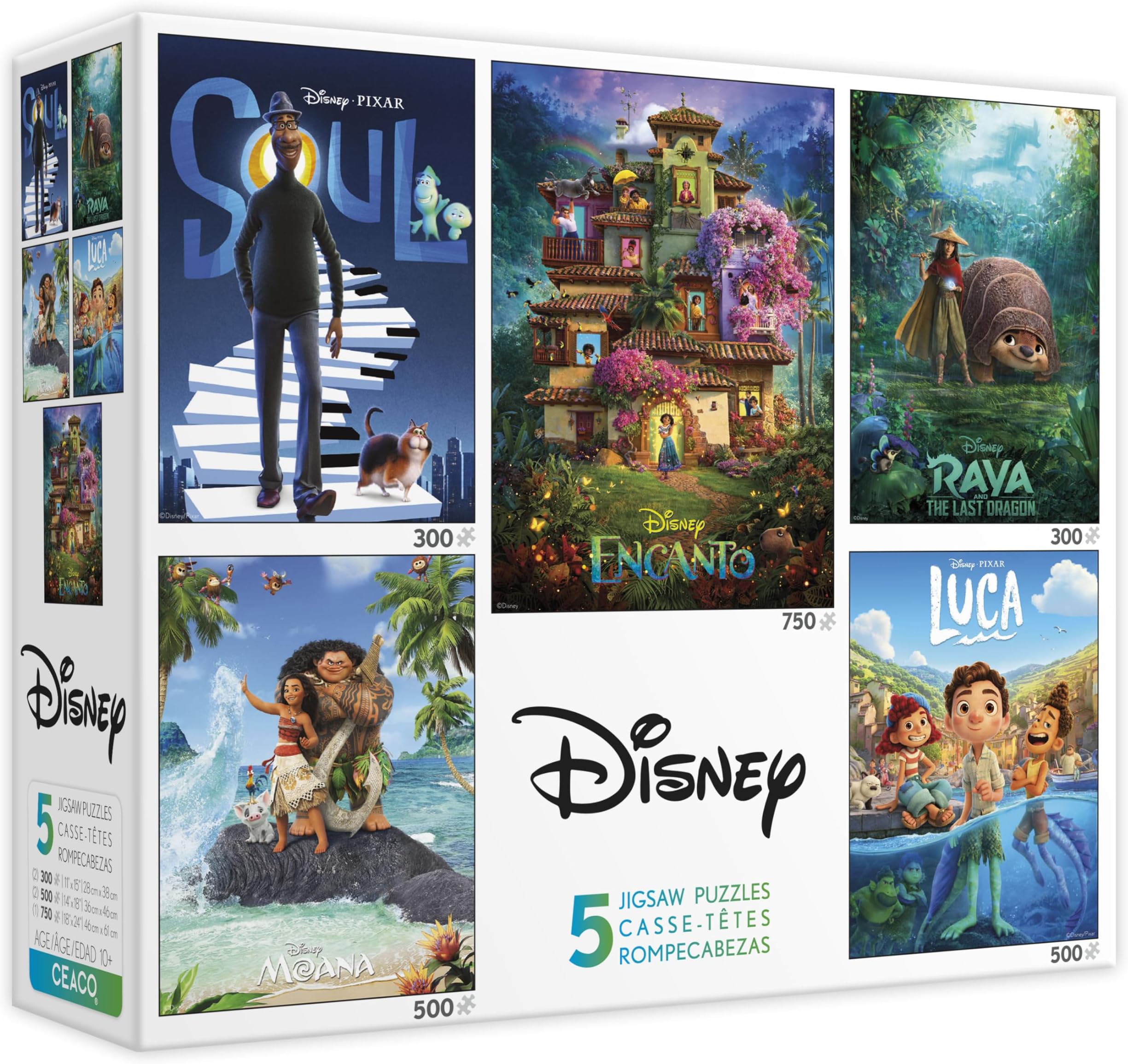 Ceaco - 5 in 1 Jigsaw Puzzle Multipack – Disney Movie Posters – Encanto, Moana, Luca, Soul & Raya and The Last Dragon - (2) 300 Piece, (2) 500 Piece, (1) 750 Piece Jigsaw Puzzles