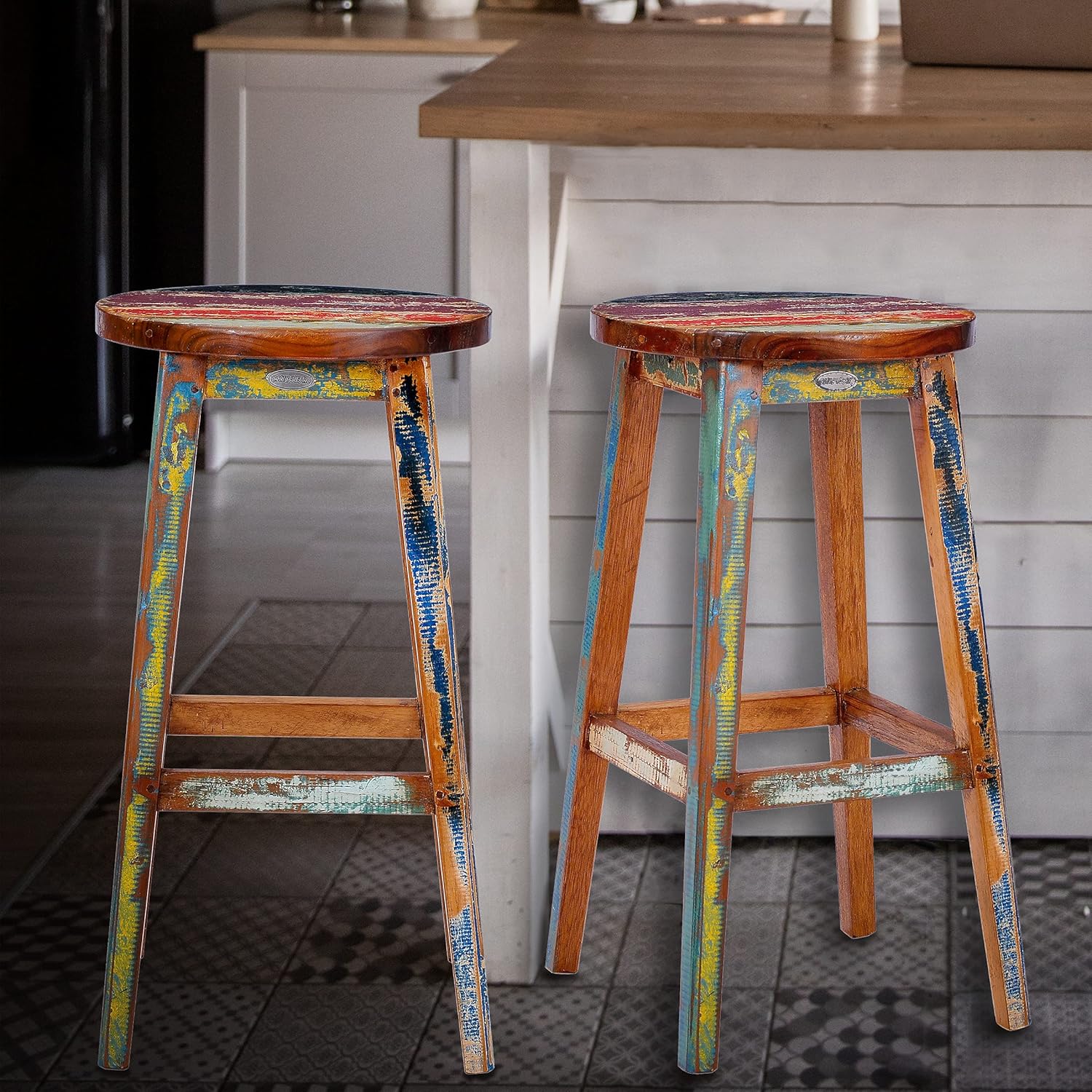 CHIC TEAK Marina Del Rey Round Recycled Teak Wood Boat Barstool, Made from Solid Reclaimed Boat Teak Wood