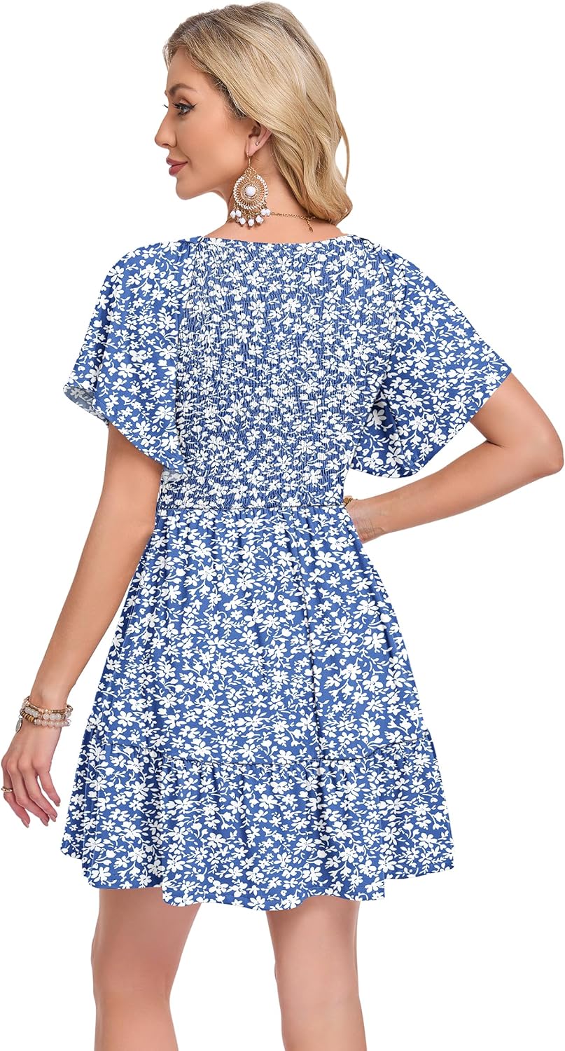 AUSELILY Cute Summer Baby Doll Dresses Women 2026 Empire Waist Mini Flowy Sundress Short Ruffle Sleeves Smocked with Pockets - Image 3