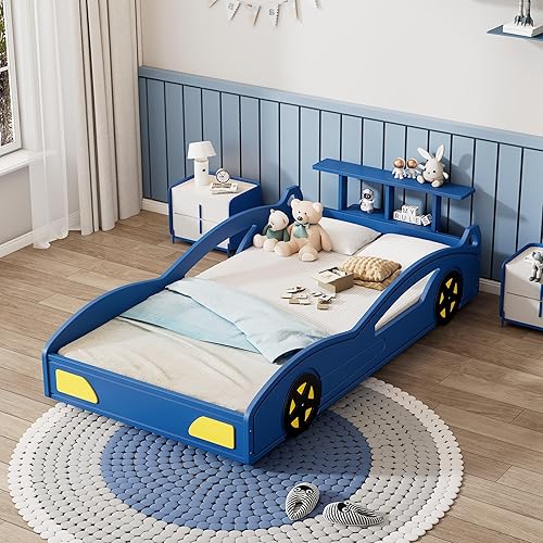 Miniatura 19 de Cama de plataforma en forma de auto de carreras con ruedas, cama de plataforma de madera tamaño individual con barandilla, cama de plataforma para
