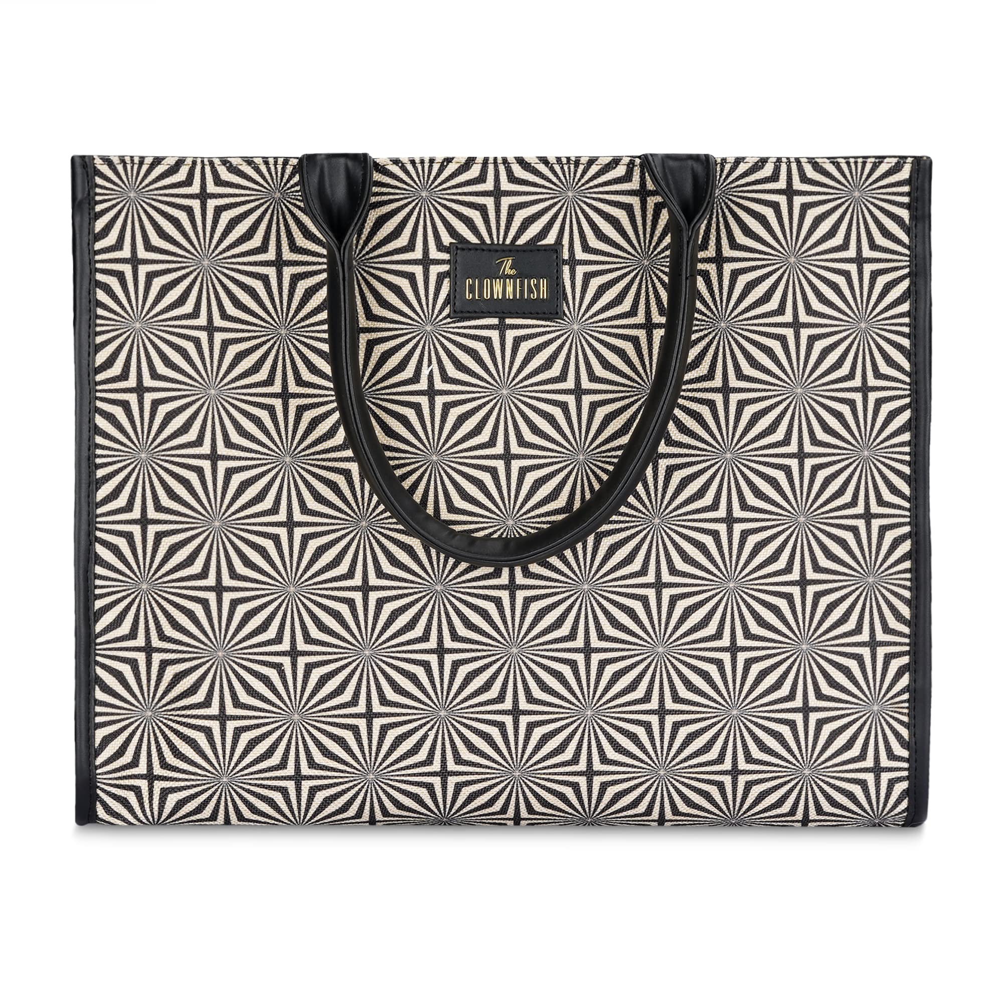 THE CLOWNFISH Opulence Series Multipurpose Handbag For Women Box Bag 14 inch Laptop Bag Tote Printed Handicraft Fabric & Faux Leather Bag (Black-Geometric Design) (B0C28R7Y1B) Amazon Price History, Amazon Price Tracker