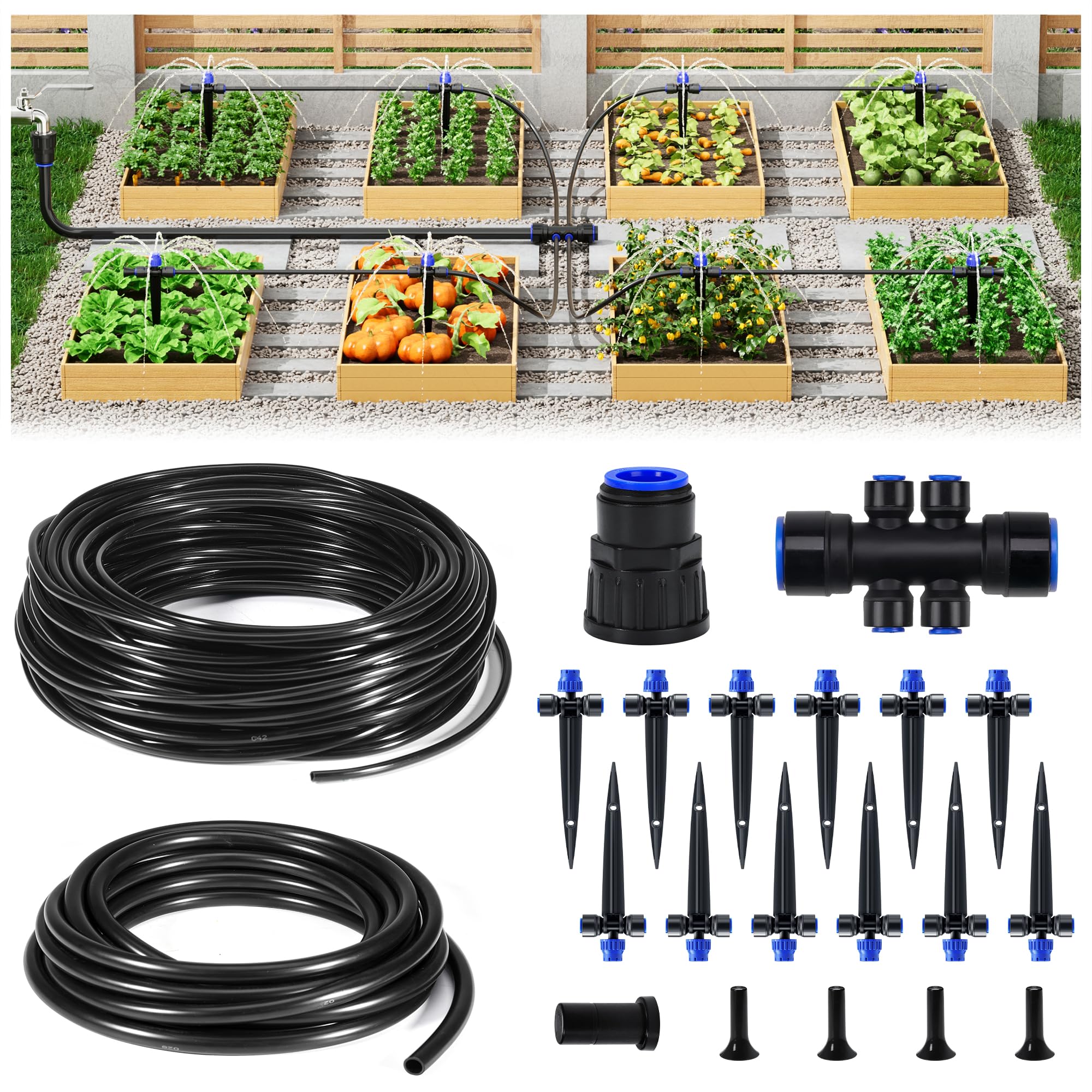 HIRALIY 50FT Drip Irrigation Kit, Garden Watering System with Quick Connectors, 6-Way Splitter, 12 Adjustable Drippers, 1/4" Tubing & 15mm Main Hose forRaised Beds, Patio, Greenhouse