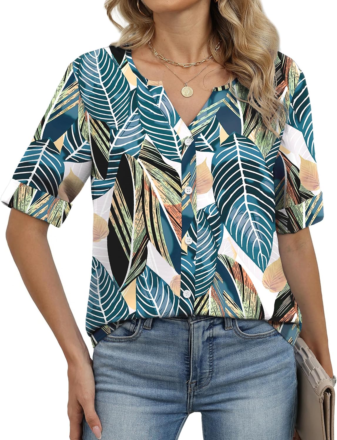 OFEEFAN Button Down Shirts for Women 3/4 Length Sleeve Tops V Neck Blouses Business Casual Outfits Loose Fit thumbnail