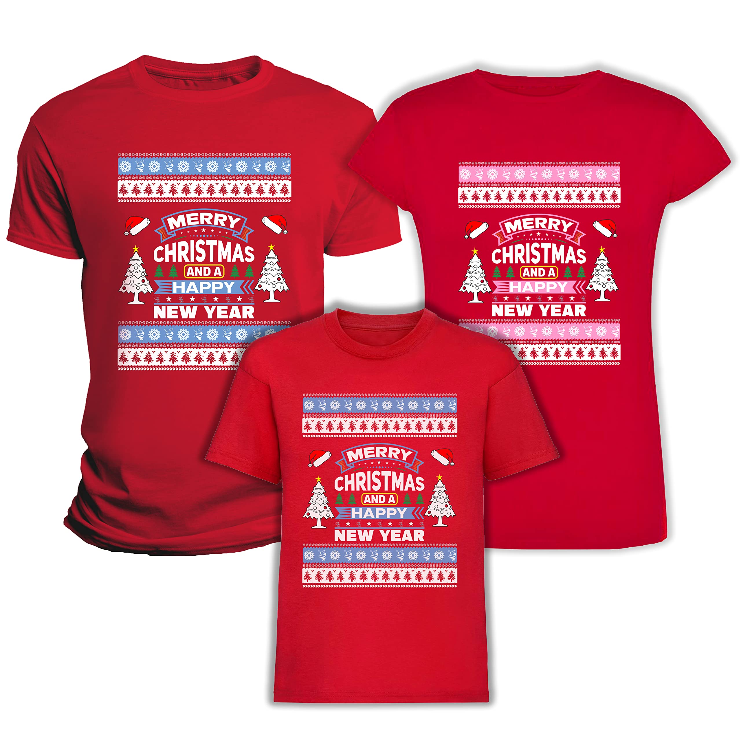 Tris Famiglia Magliette Natale - 3 Tshirt - Buone Feste - Merry Christmas - Happy New Year - papà - Mamma - Figlio - Figlia - T-Shirt Natalizia