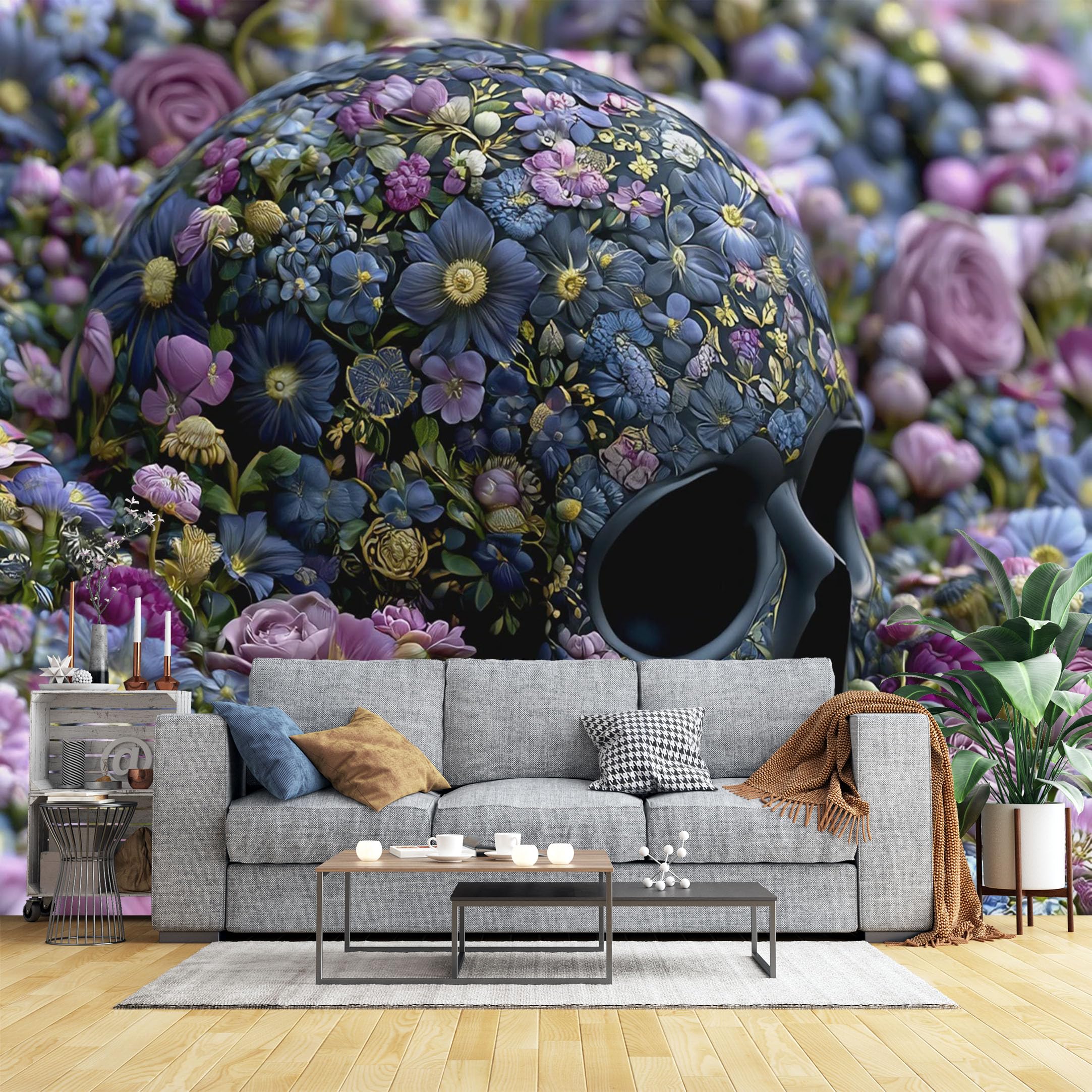 Custom Size Wall Murals Floral Pattern Skull Wall Murals Dark Botanical Wallpaper, Realistic Self-Adhesive Removable Wallpaper for Bedroom